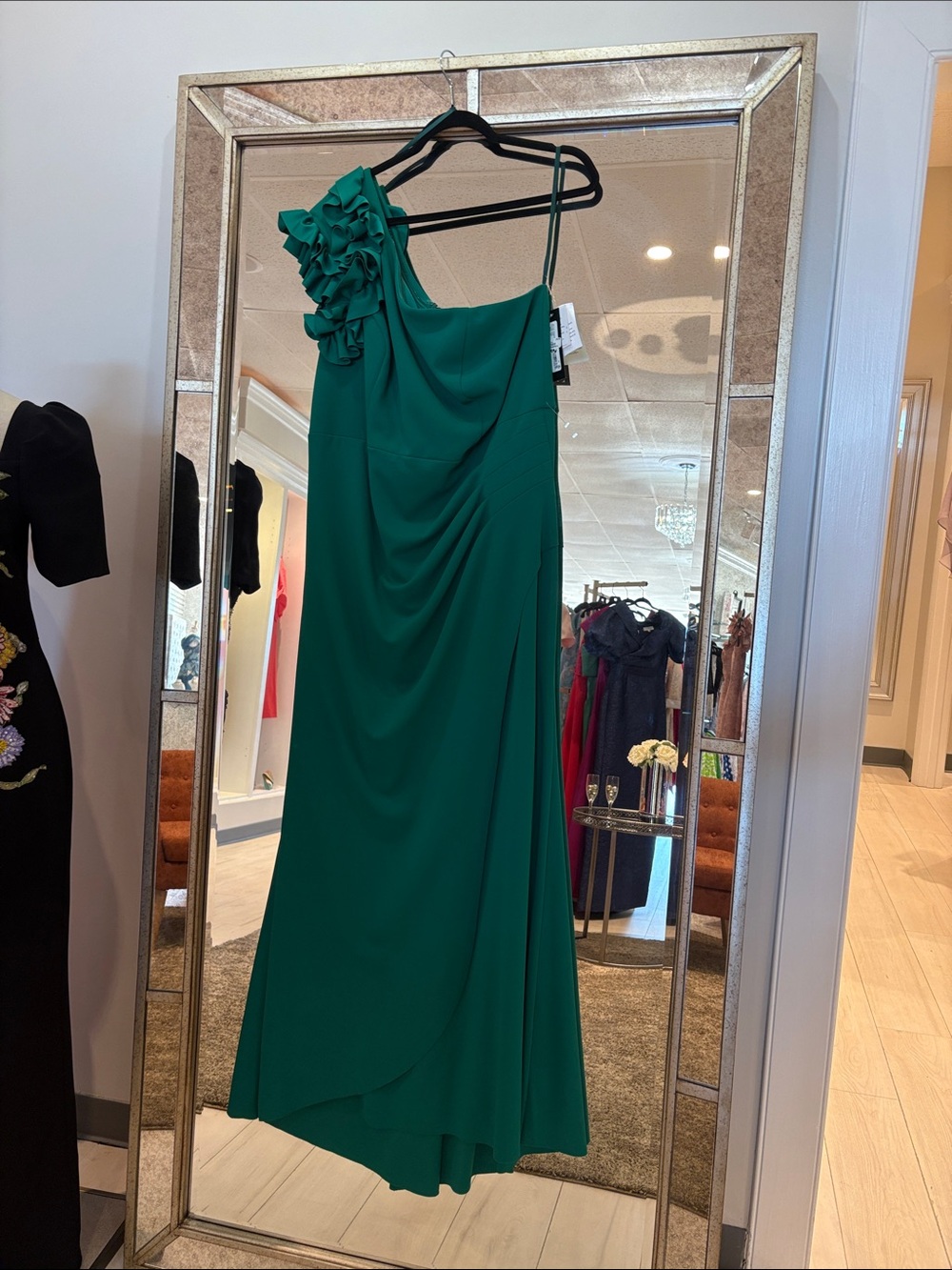 ONE SHOULDER RUFFLE SCUBA CREPE DRESS - Picture 4 of 4